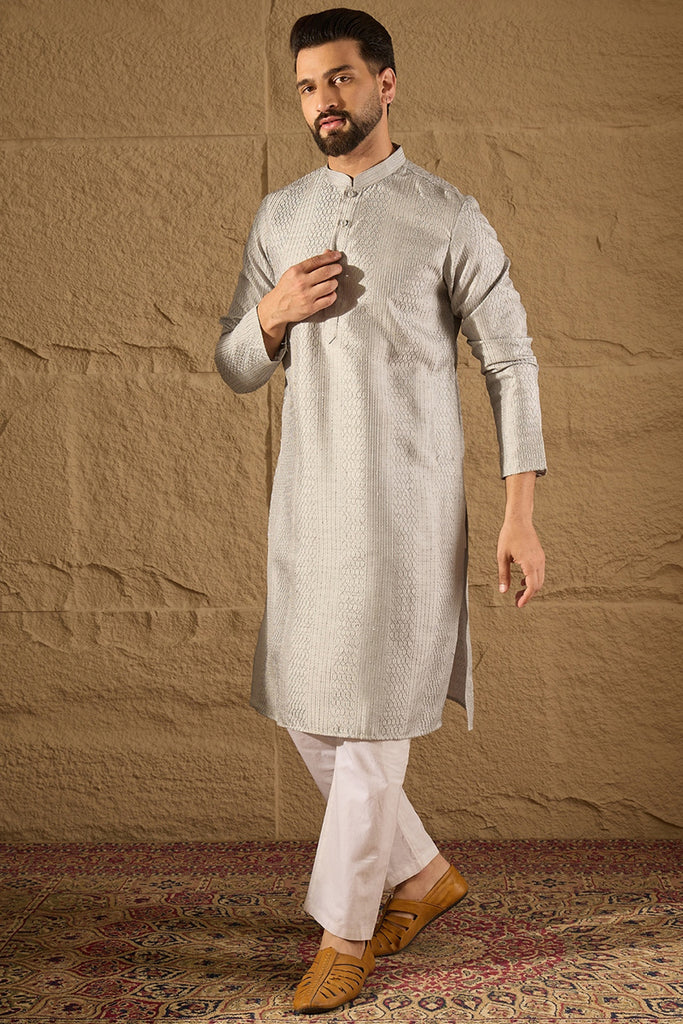 Grey Silk Blend Solid Embroidered Straight Kurta with Trouser MKSET1289