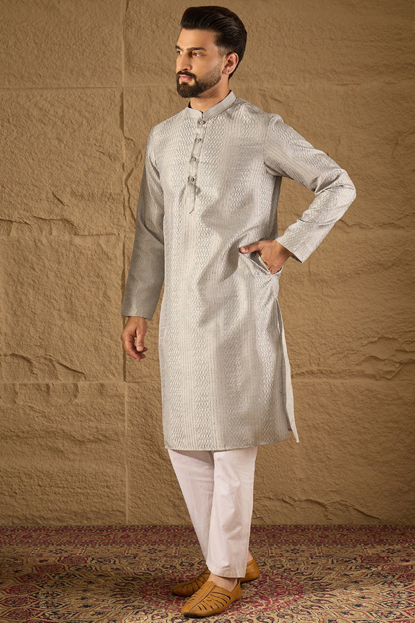 Grey Silk Blend Solid Embroidered Straight Kurta with Trouser MKSET1289