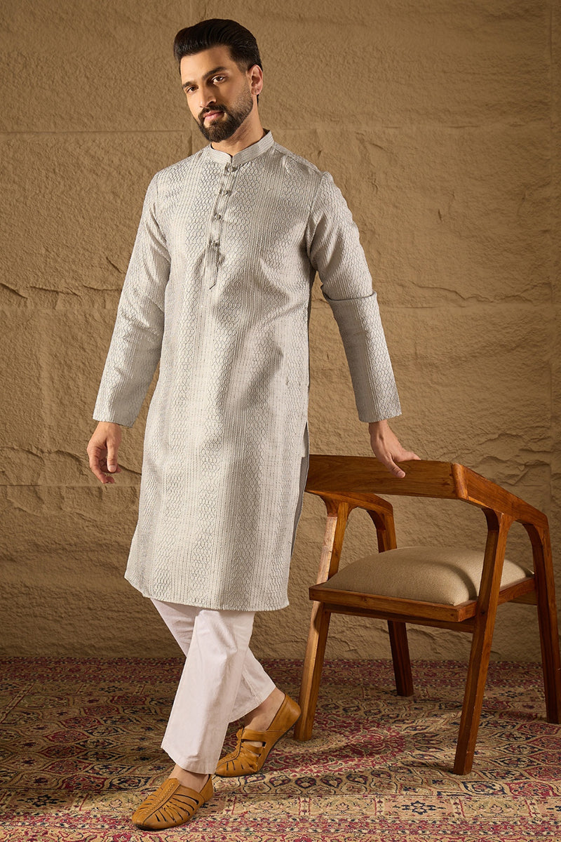 Grey Silk Blend Solid Embroidered Straight Kurta with Trouser MKSET1289