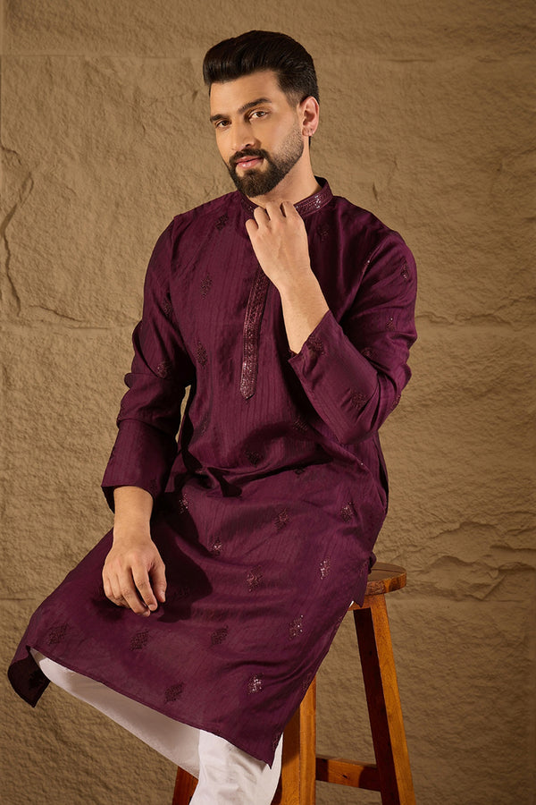 Purple Viscose Rayon Solid Embroidered Straight Kurta with Trouser MKSET1291