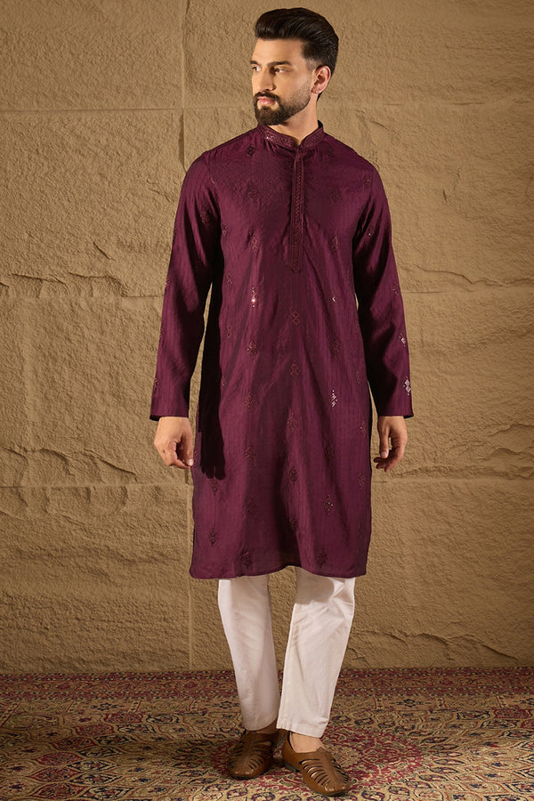 Purple Viscose Rayon Solid Embroidered Straight Kurta with Trouser MKSET1291