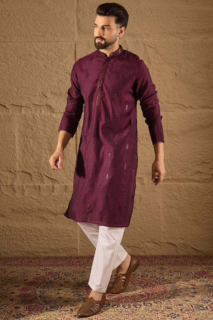 Purple Viscose Rayon Solid Embroidered Straight Kurta with Trouser MKSET1291