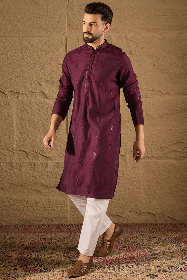 Purple Viscose Rayon Solid Embroidered Straight Kurta with Trouser MKSET1291