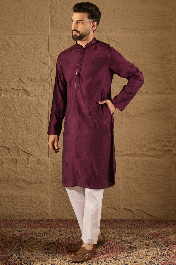 Purple Viscose Rayon Solid Embroidered Straight Kurta with Trouser MKSET1291