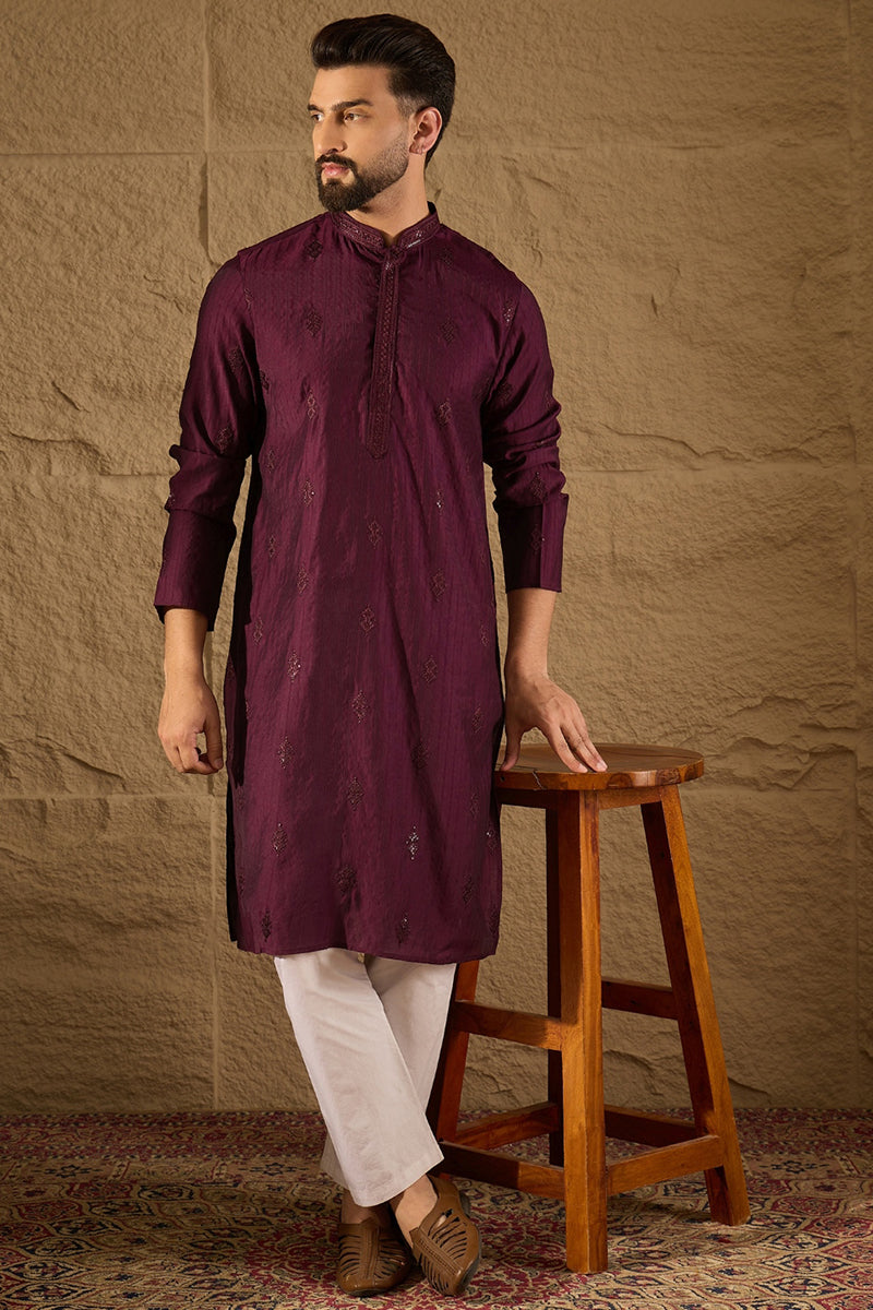 Purple Viscose Rayon Solid Embroidered Straight Kurta with Trouser MKSET1291