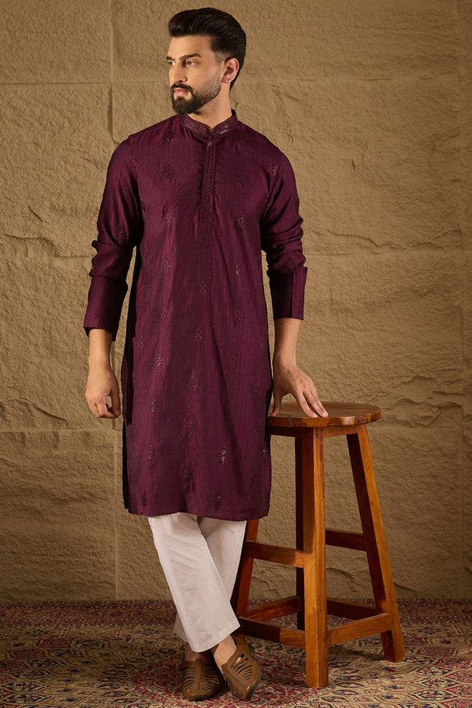 Purple Viscose Rayon Solid Embroidered Straight Kurta with Trouser MKSET1291