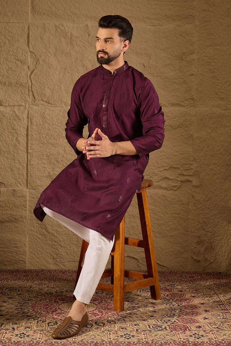 Purple Viscose Rayon Solid Embroidered Straight Kurta with Trouser MKSET1291