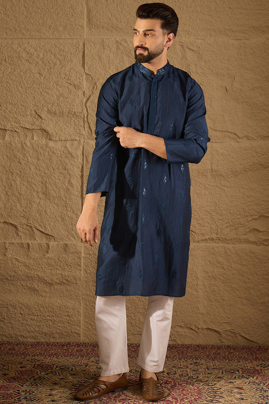 Blue Viscose Rayon Solid Embroidered Straight Kurta with Trouser MKSET1293