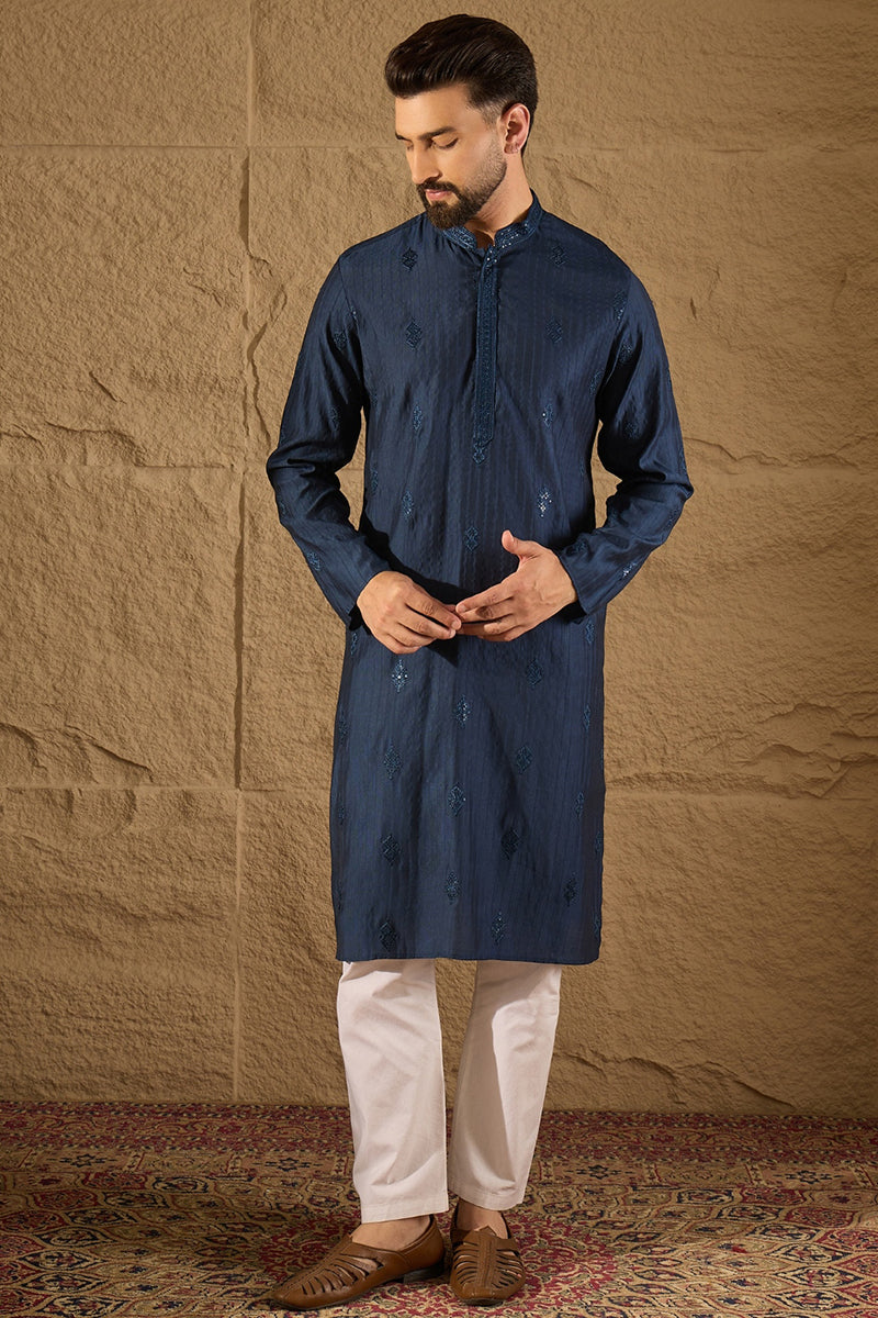 Blue Viscose Rayon Solid Embroidered Straight Kurta with Trouser MKSET1293