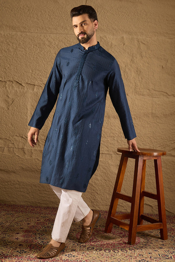Blue Viscose Rayon Solid Embroidered Straight Kurta with Trouser MKSET1293