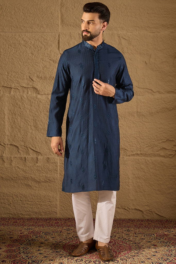 Blue Viscose Rayon Solid Embroidered Straight Kurta with Trouser MKSET1293