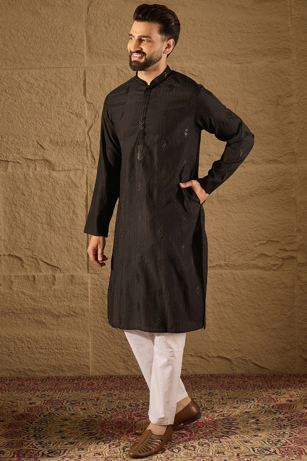 Black Viscose Rayon Solid Embroidered Straight Kurta with Trouser MKSET1294