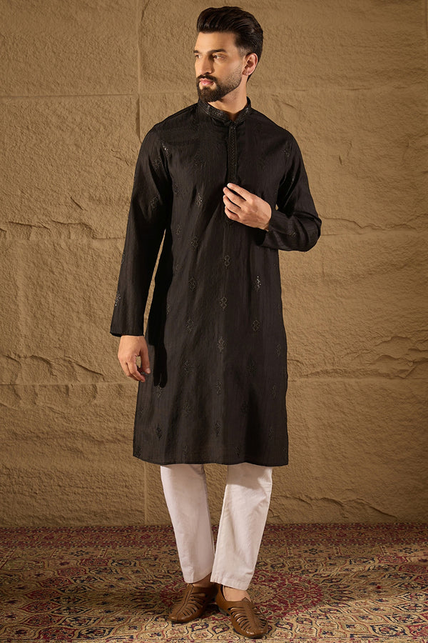 Black Viscose Rayon Solid Embroidered Straight Kurta with Trouser MKSET1294