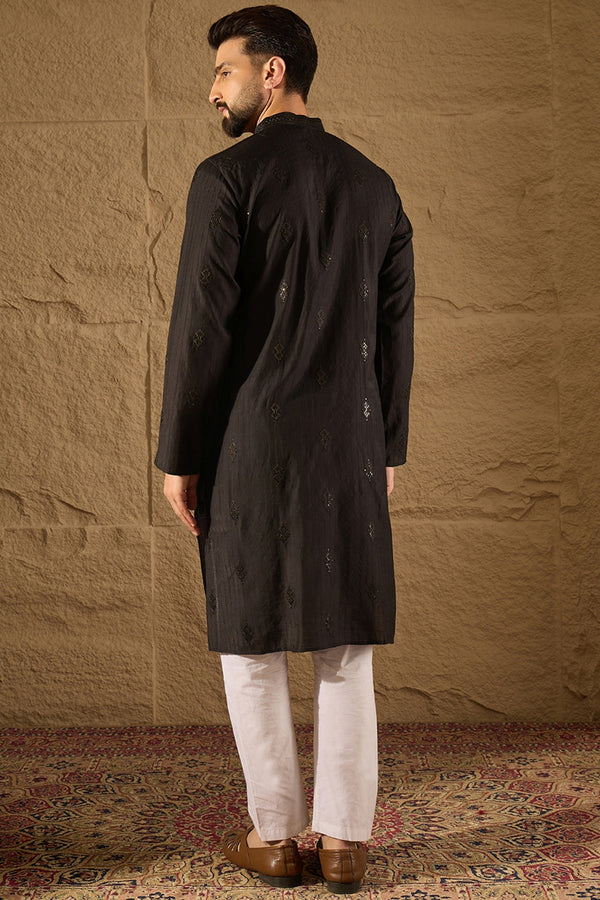 Black Viscose Rayon Solid Embroidered Straight Kurta with Trouser MKSET1294