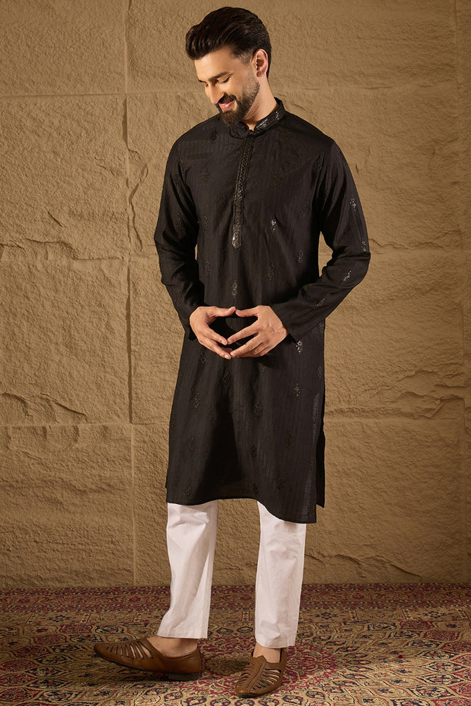Black Viscose Rayon Solid Embroidered Straight Kurta with Trouser MKSET1294