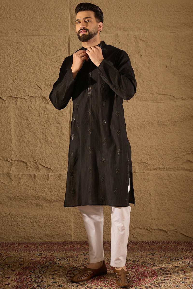 Black Viscose Rayon Solid Embroidered Straight Kurta with Trouser MKSET1294