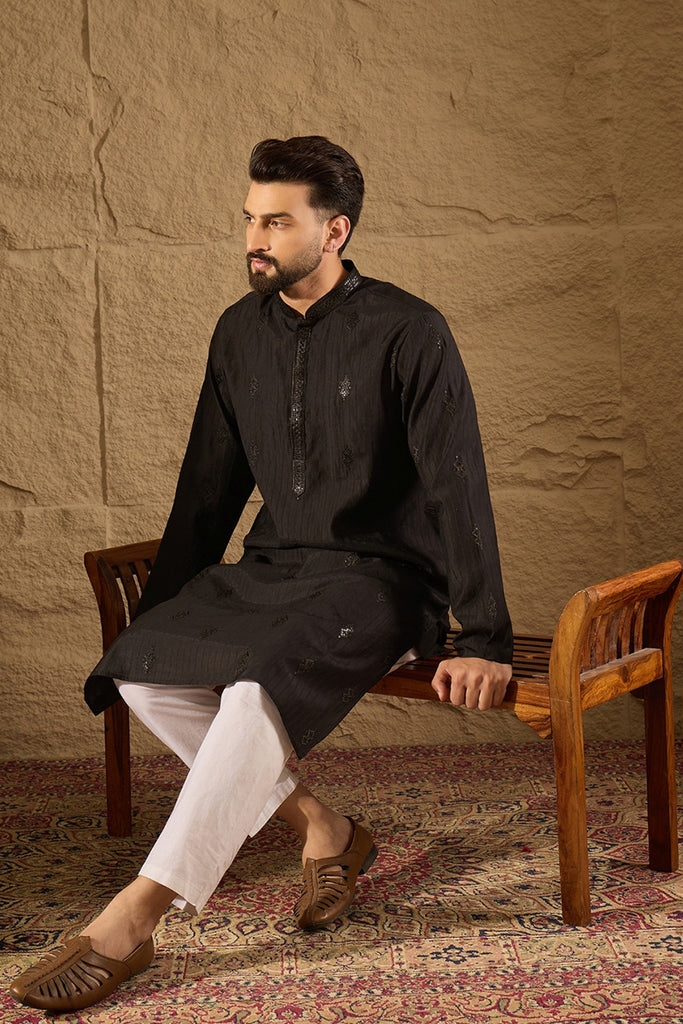 Black Viscose Rayon Solid Embroidered Straight Kurta with Trouser MKSET1294