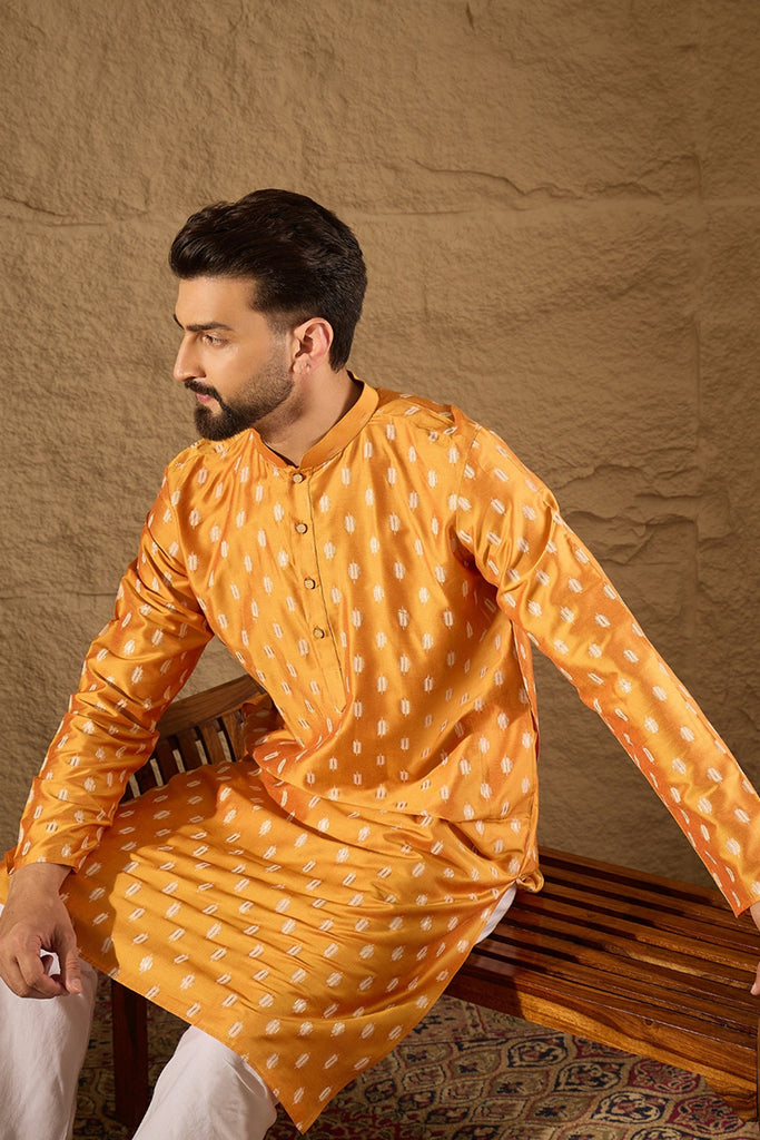 Yellow Silk Blend Abstract Printed Straight Kurta with Trouser MKSET1298