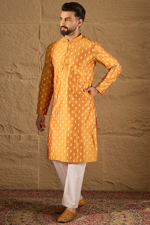 Yellow Silk Blend Abstract Printed Straight Kurta with Trouser MKSET1298