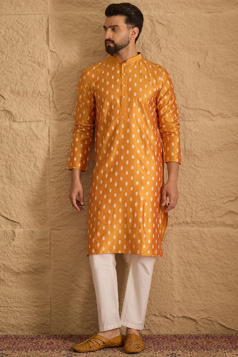 Yellow Silk Blend Abstract Printed Straight Kurta with Trouser MKSET1298