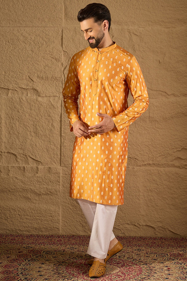 Yellow Silk Blend Abstract Printed Straight Kurta with Trouser MKSET1298