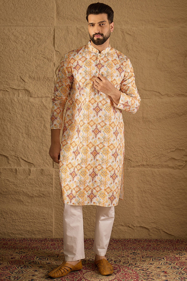 White Silk Blend Geometric Embroidered Straight Kurta with Trouser MKSET1310