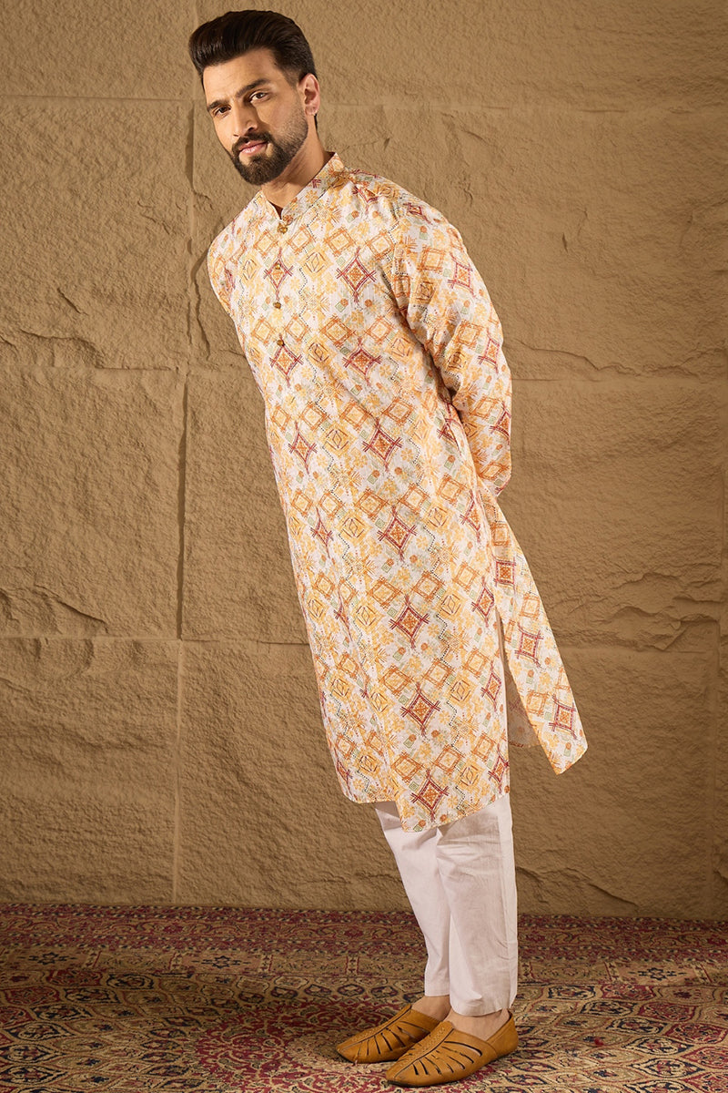 White Silk Blend Geometric Embroidered Straight Kurta with Trouser MKSET1310