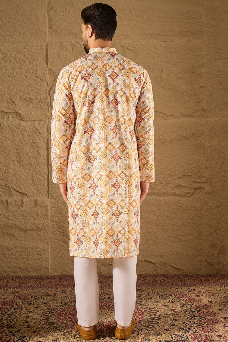 White Silk Blend Geometric Embroidered Straight Kurta with Trouser MKSET1310