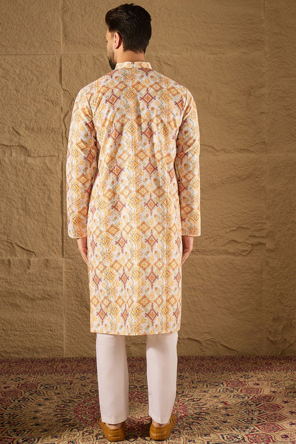 White Silk Blend Geometric Embroidered Straight Kurta with Trouser MKSET1310