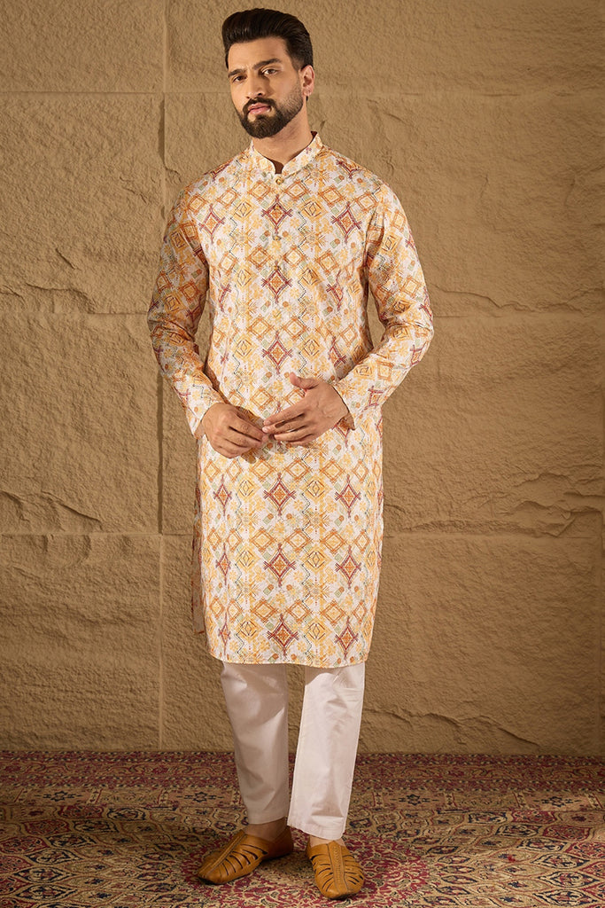 White Silk Blend Geometric Embroidered Straight Kurta with Trouser MKSET1310