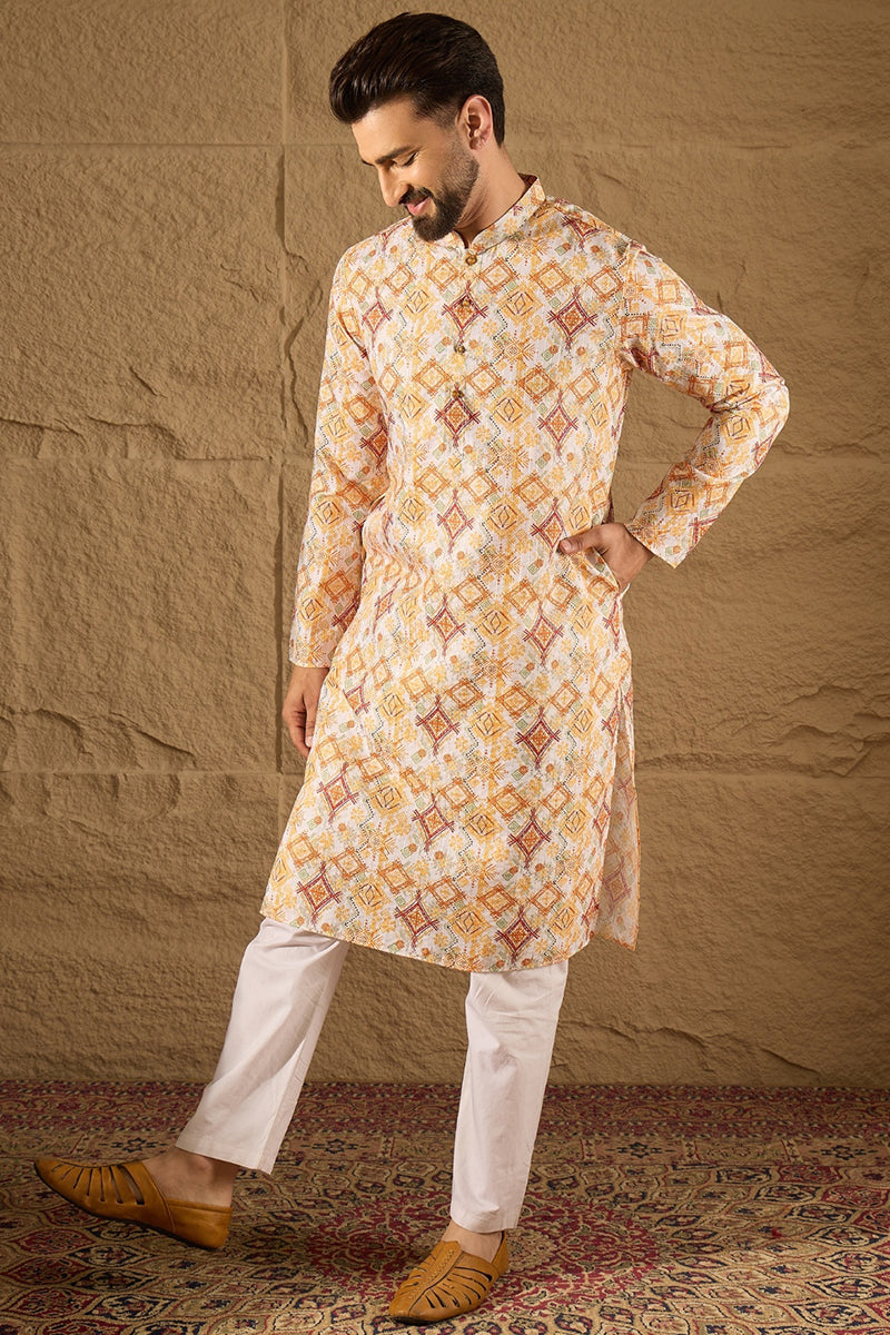 White Silk Blend Geometric Embroidered Straight Kurta with Trouser MKSET1310