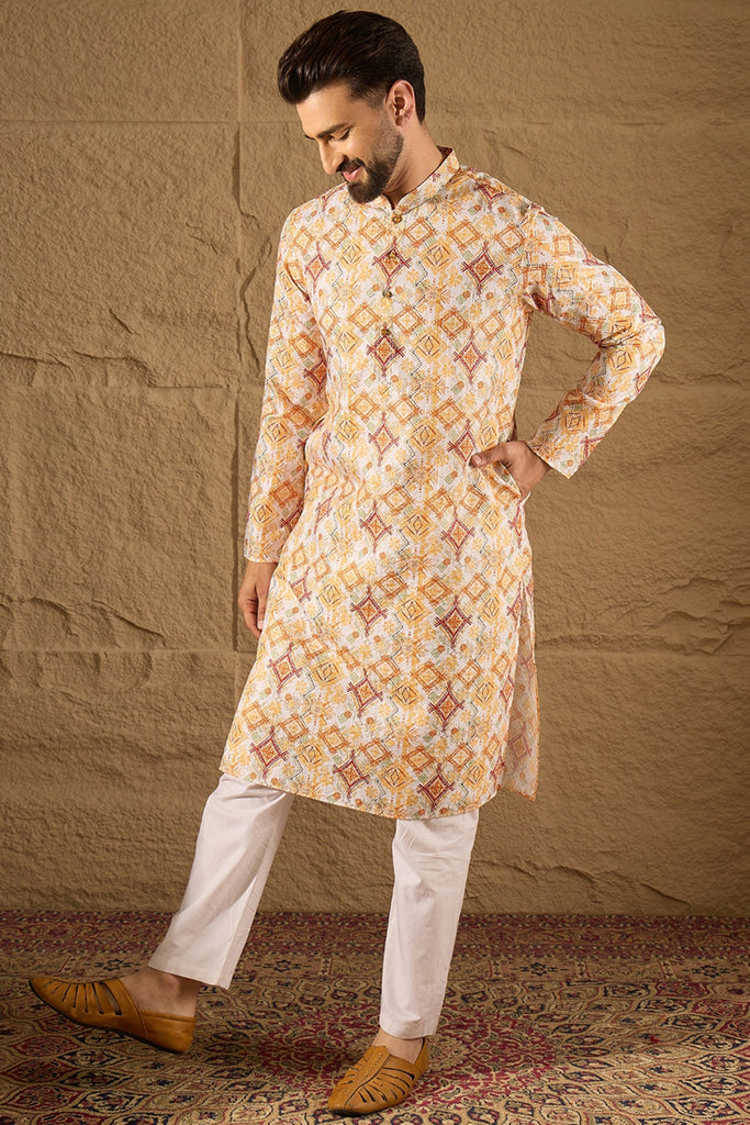 White Silk Blend Geometric Embroidered Straight Kurta with Trouser MKSET1310