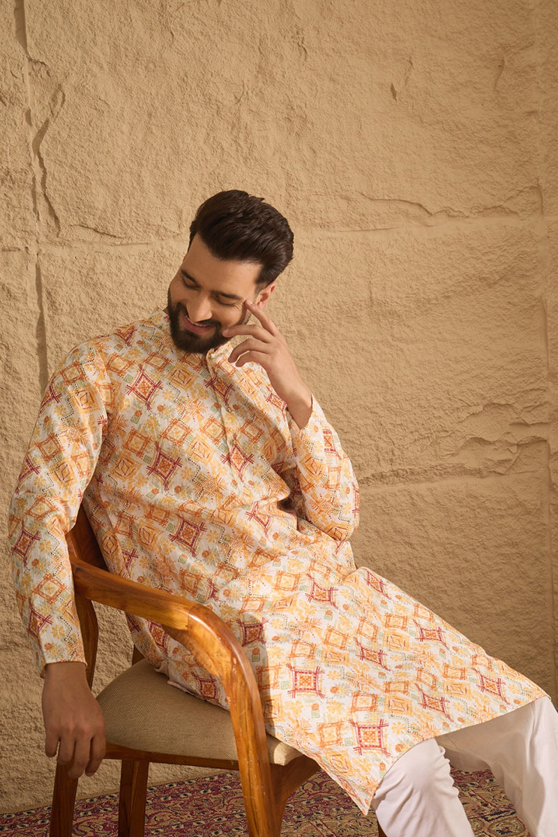 White Silk Blend Geometric Embroidered Straight Kurta with Trouser MKSET1310