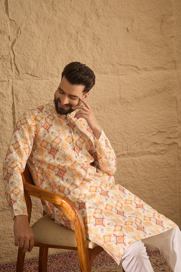 White Silk Blend Geometric Embroidered Straight Kurta with Trouser MKSET1310