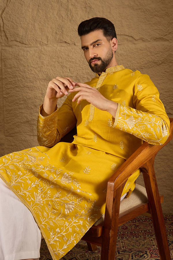 Yellow Chanderi Silk Solid Embroidered Straight Kurta with Trouser MKSET1314