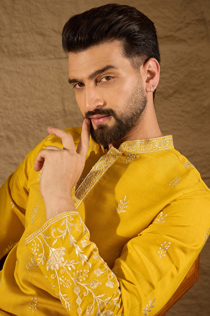 Yellow Chanderi Silk Solid Embroidered Straight Kurta with Trouser MKSET1314