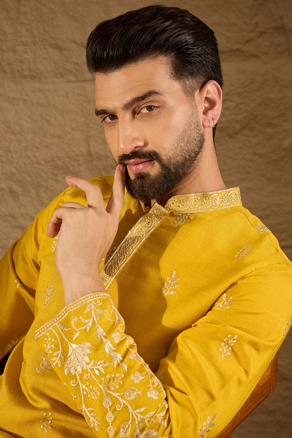 Yellow Chanderi Silk Solid Embroidered Straight Kurta with Trouser MKSET1314