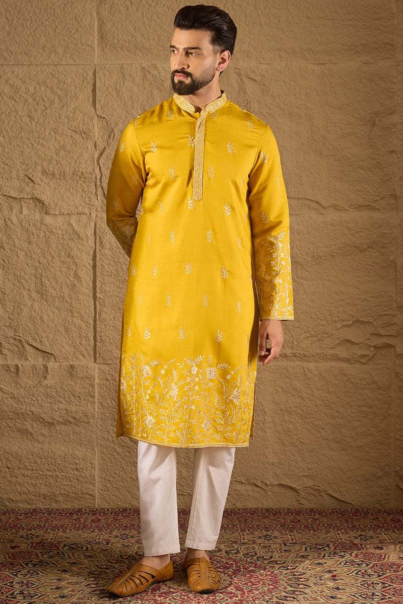 Yellow Chanderi Silk Solid Embroidered Straight Kurta with Trouser MKSET1314