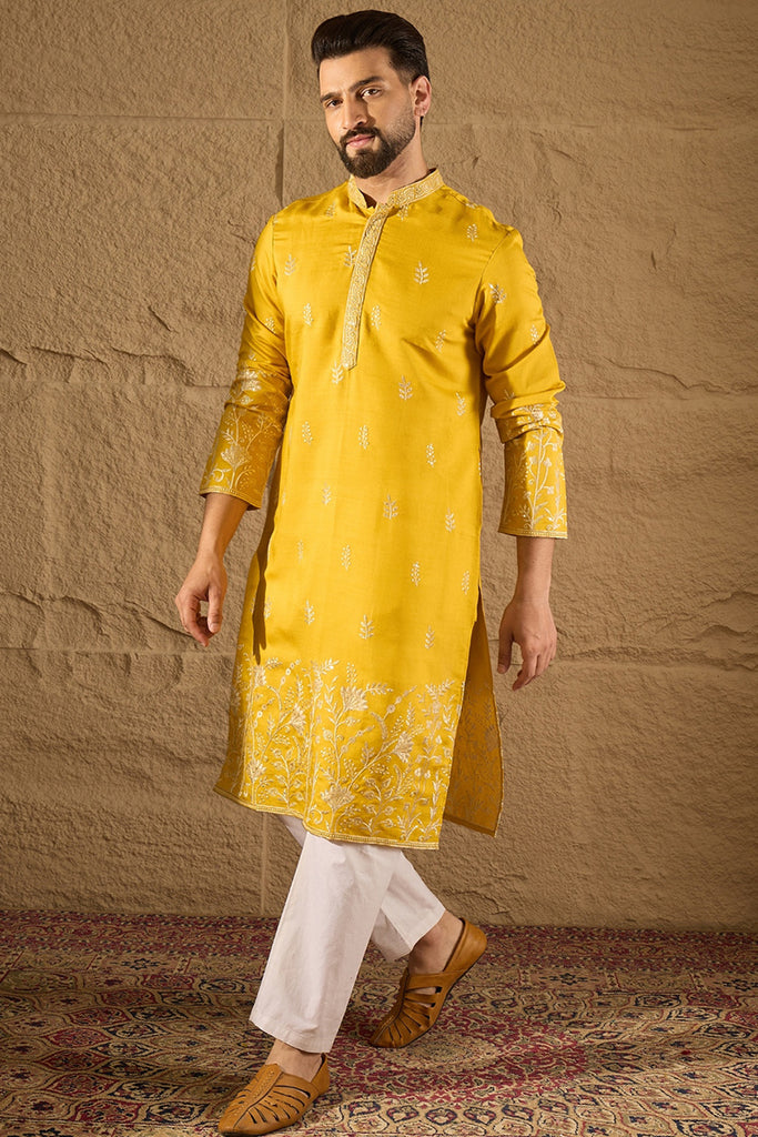 Yellow Chanderi Silk Solid Embroidered Straight Kurta with Trouser MKSET1314