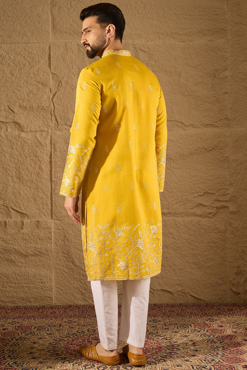 Yellow Chanderi Silk Solid Embroidered Straight Kurta with Trouser MKSET1314