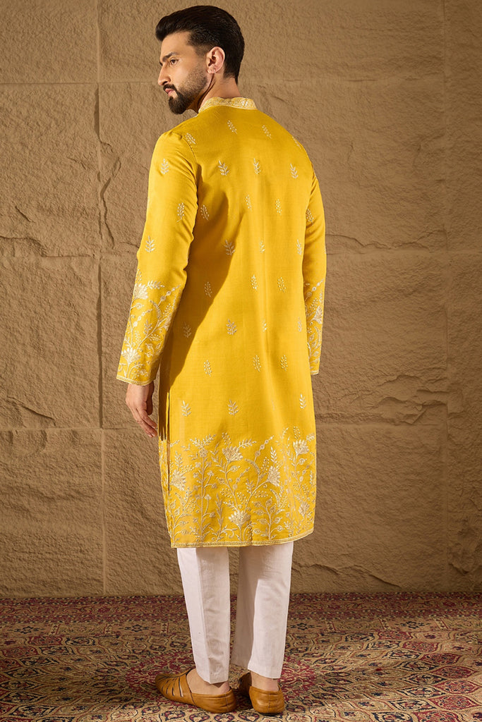 Yellow Chanderi Silk Solid Embroidered Straight Kurta with Trouser MKSET1314