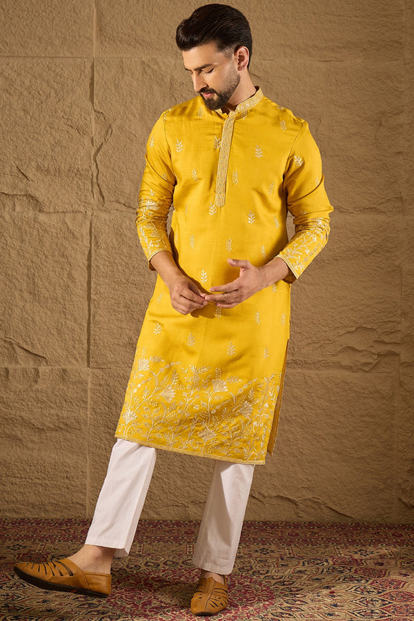 Yellow Chanderi Silk Solid Embroidered Straight Kurta with Trouser MKSET1314
