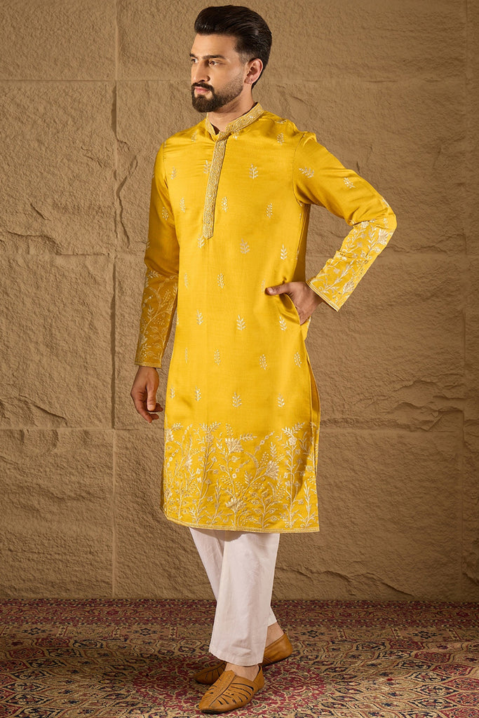 Yellow Chanderi Silk Solid Embroidered Straight Kurta with Trouser MKSET1314