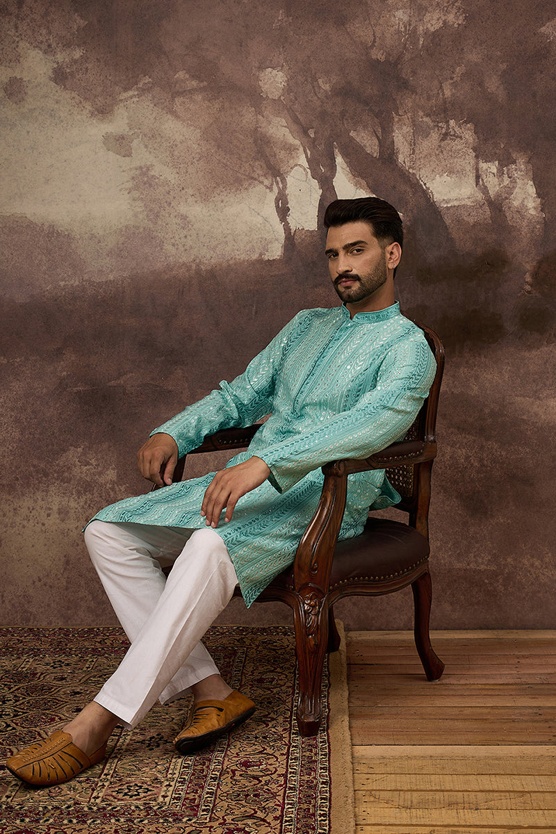 Blue Viscose Rayon Solid Embroidered Straight Kurta with Trouser MKSET1324