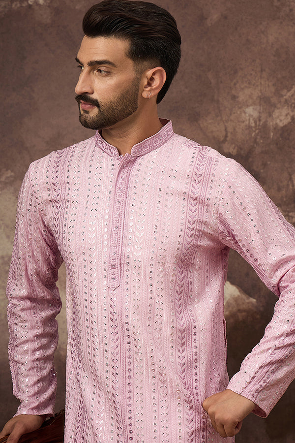 Pink Viscose Rayon Solid Embroidered Straight Kurta with Trouser MKSET1325