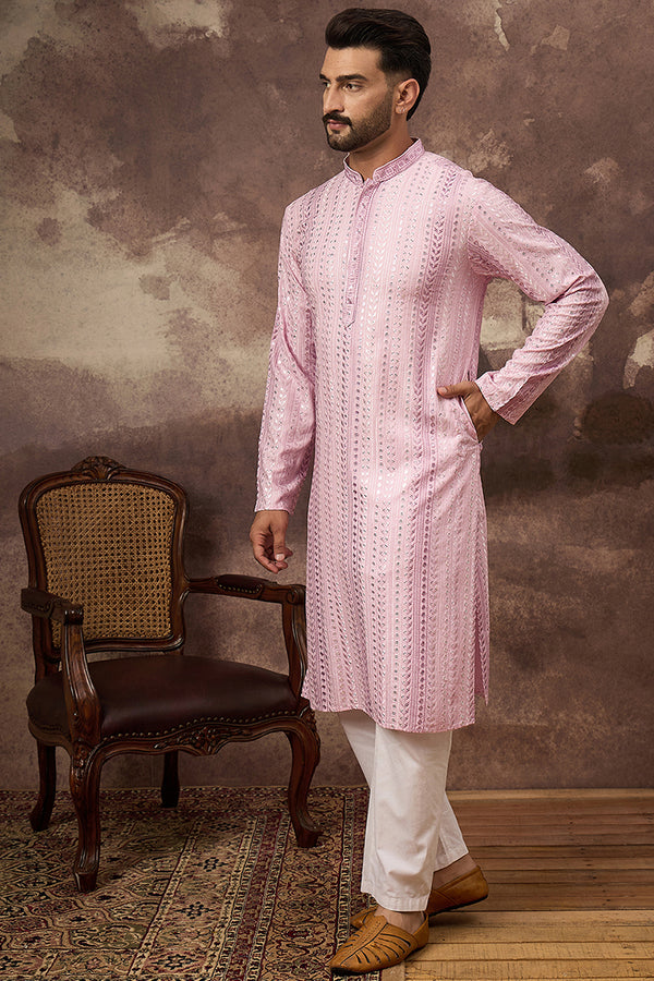 Pink Viscose Rayon Solid Embroidered Straight Kurta with Trouser MKSET1325