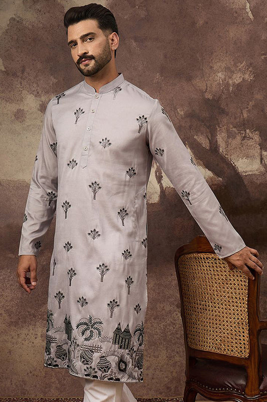 Grey Silk Blend Solid Embroidered Straight Kurta and Trouser MKSET1326