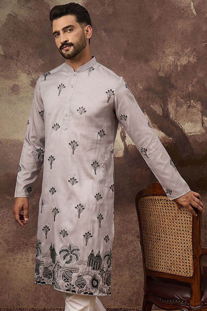 Grey Silk Blend Solid Embroidered Straight Kurta and Trouser MKSET1326