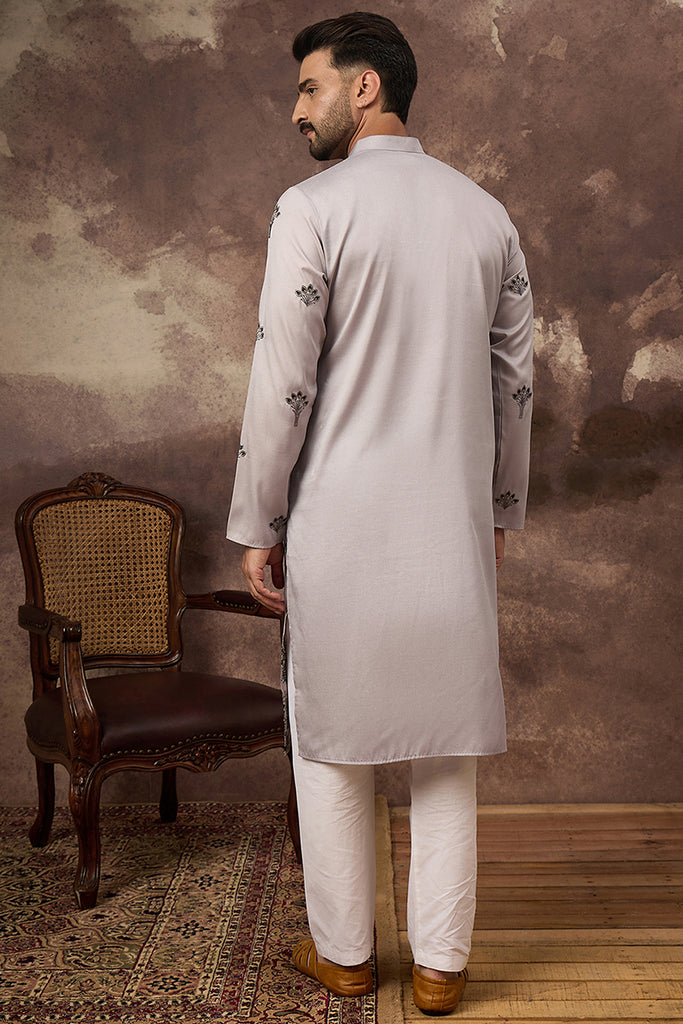 Grey Silk Blend Solid Embroidered Straight Kurta and Trouser MKSET1326