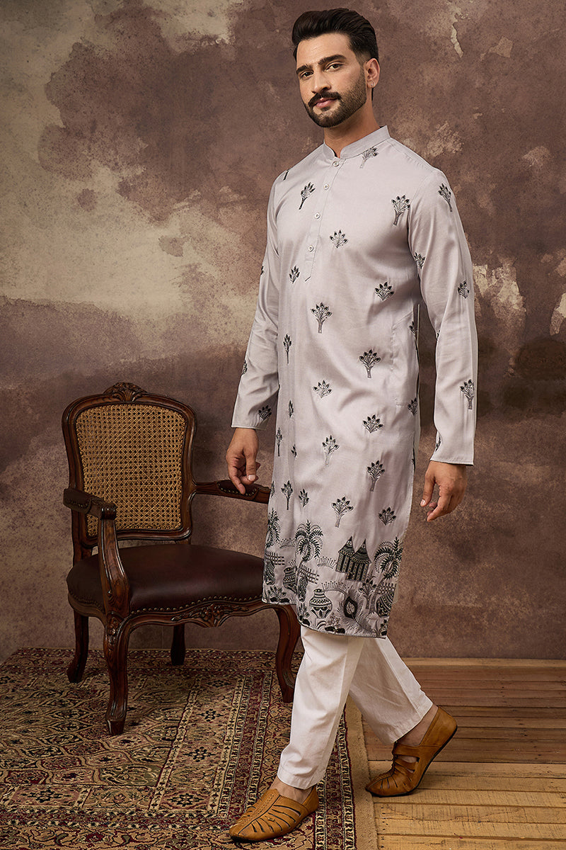 Grey Silk Blend Solid Embroidered Straight Kurta and Trouser MKSET1326